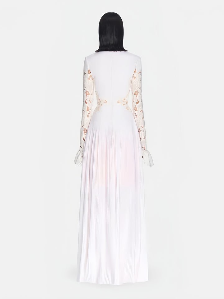 High-Neck Lace Pleated Dress - White
