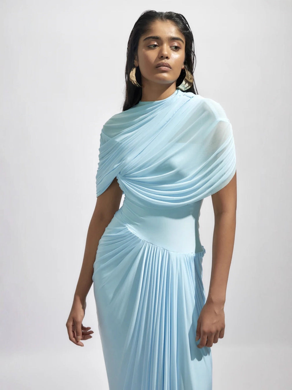 Elegant Blue Pleated Formal Dress