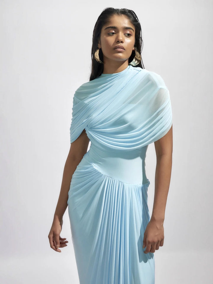 Elegant Blue Pleated Formal Dress
