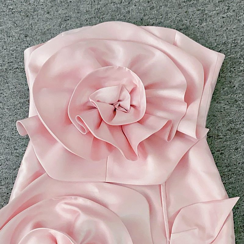 Pink 3D Floral Strapless Dress | Elegant Evening Party Gown