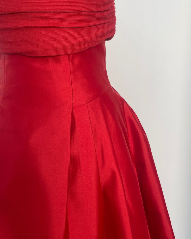 Satin Ruched Off Shoulder Dress - Red
