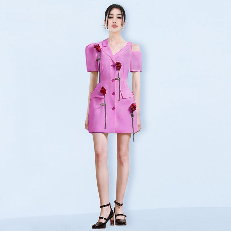 Elegant 3D Rose Asymmetrical Shoulder Dress | Unique Summer Fashion