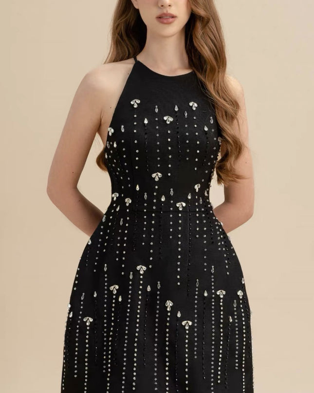 High Neck Starry Crepe Dress - Black
