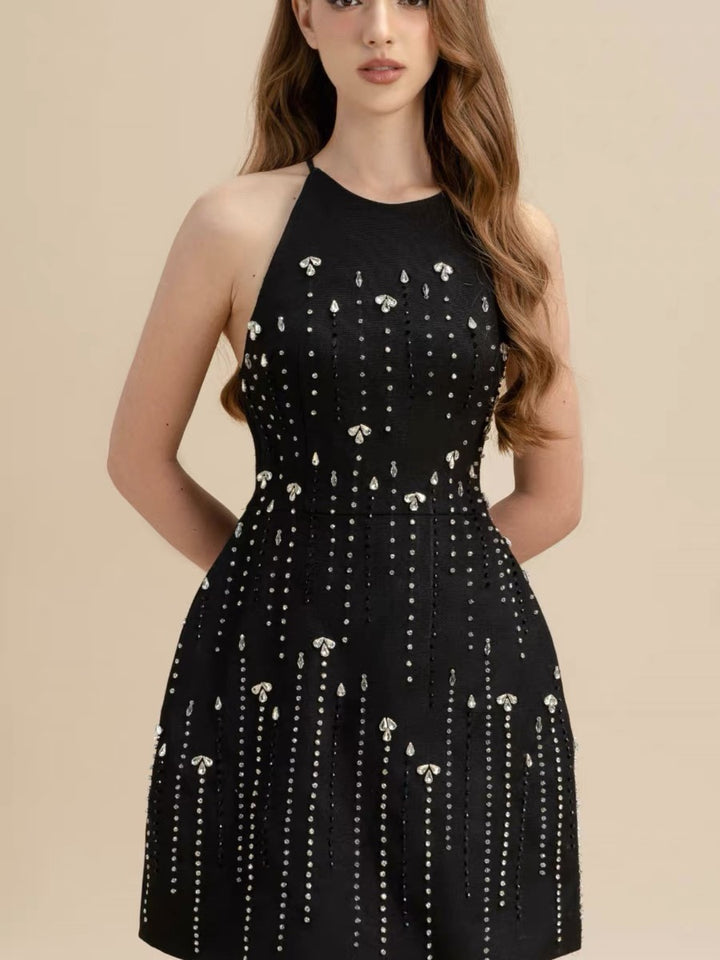 High Neck Starry Crepe Dress - Black