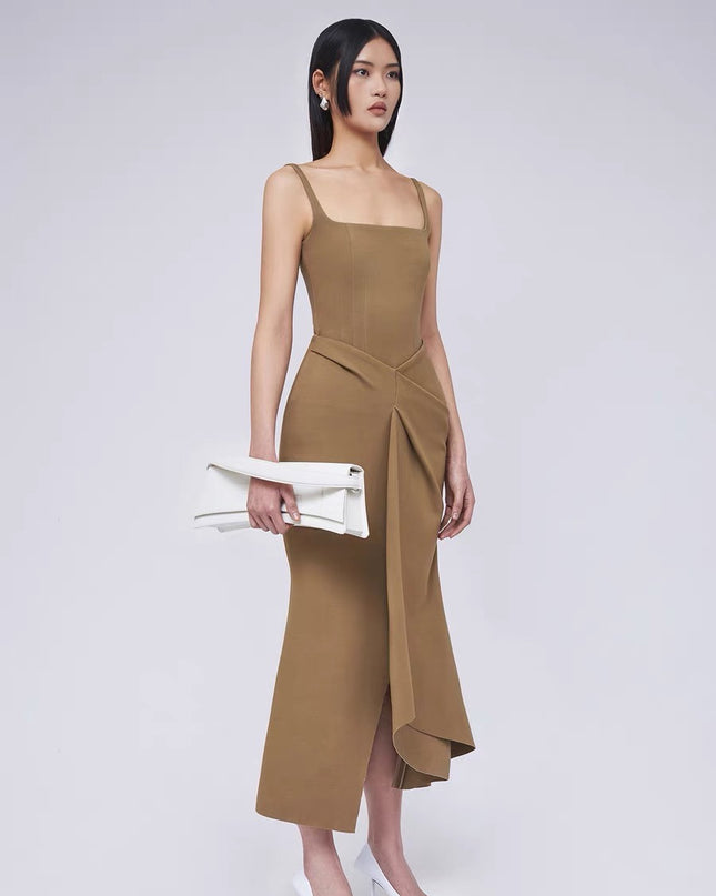 Off Shoulder Satin Fishtail Dress - Khaki
