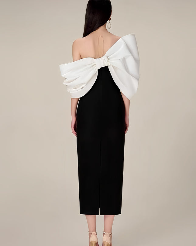 Elegant Bow-Sleeve Dress - Black