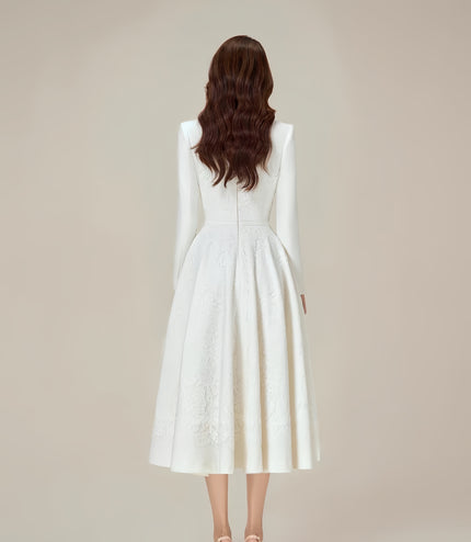 Formal Long-Sleeved Waist Dress - White