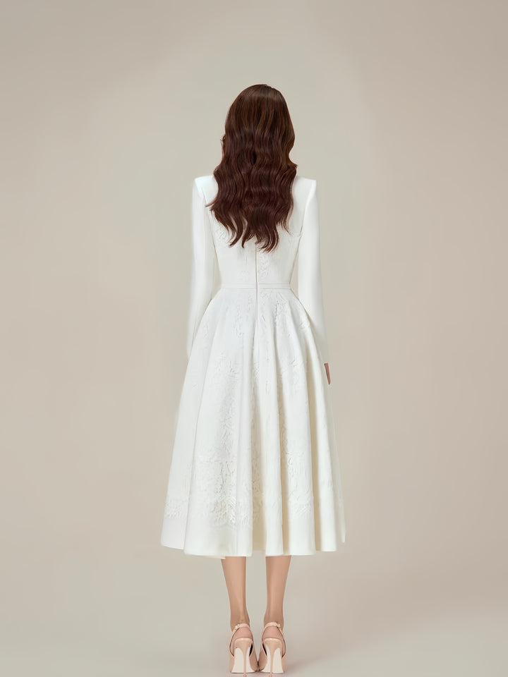 Formal Long-Sleeved Waist Dress - White