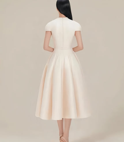 Cinched Crepe Pleated Dress - Champagne