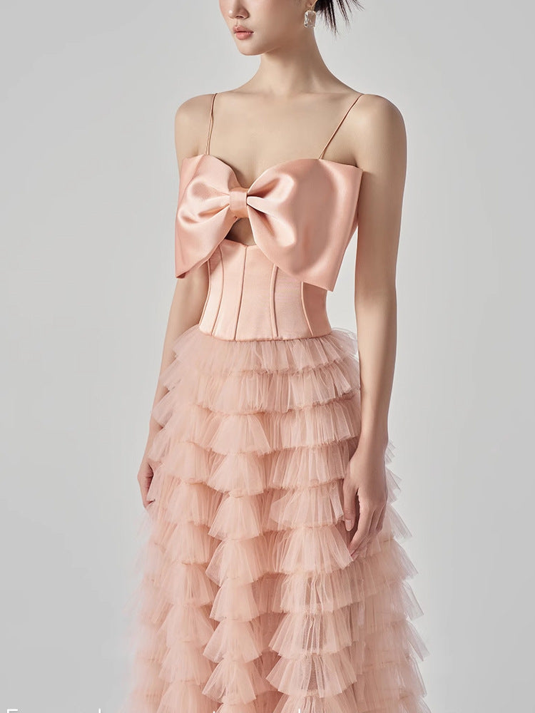 Chic Pink Bow Tiered Maxi Dress | 2025 Evening Gown