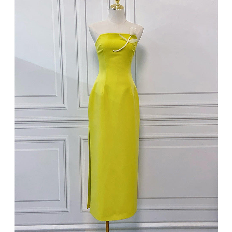 Lemon Yellow Strapless Evening Dress | French Luxury Side Slit Design