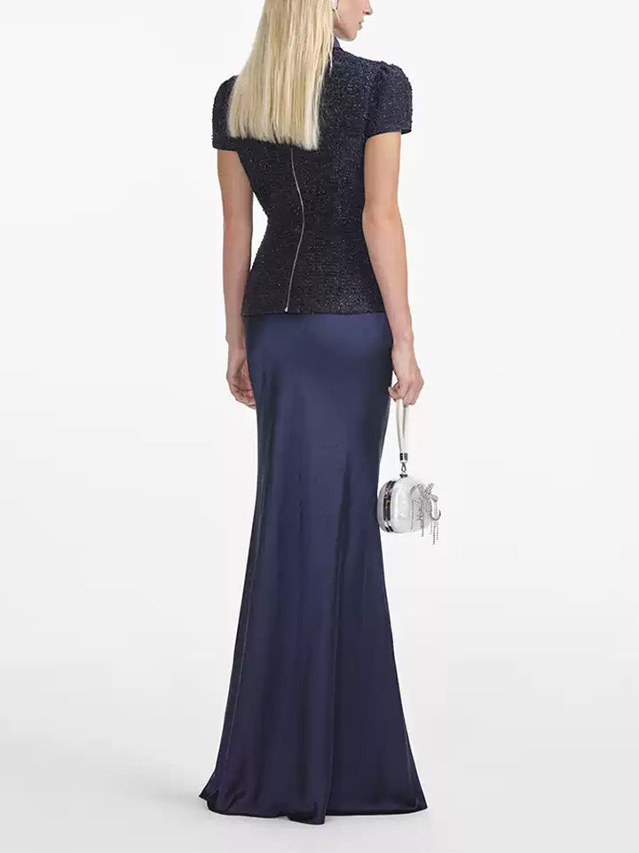 Navy Blue Tweed Satin Evening Dress | 2025 Spring New