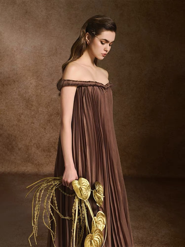 Vintage Elegant Dark Brown Pleated Dress