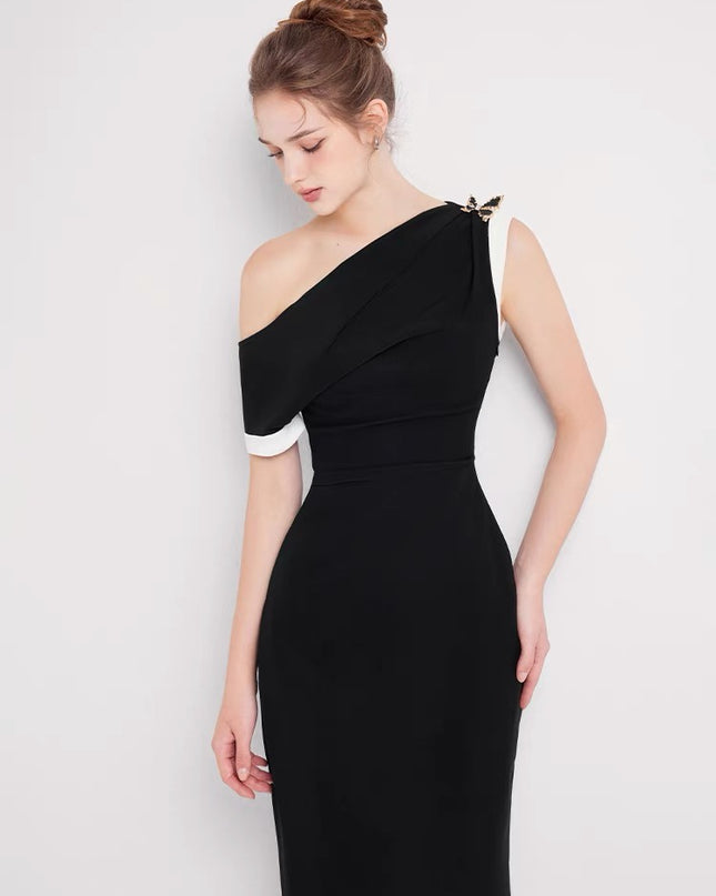 One Shoulder Crepe Maxi Dress - Black