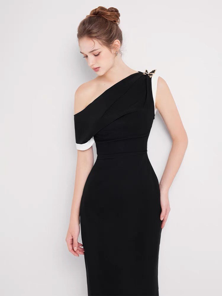 One Shoulder Crepe Maxi Dress - Black