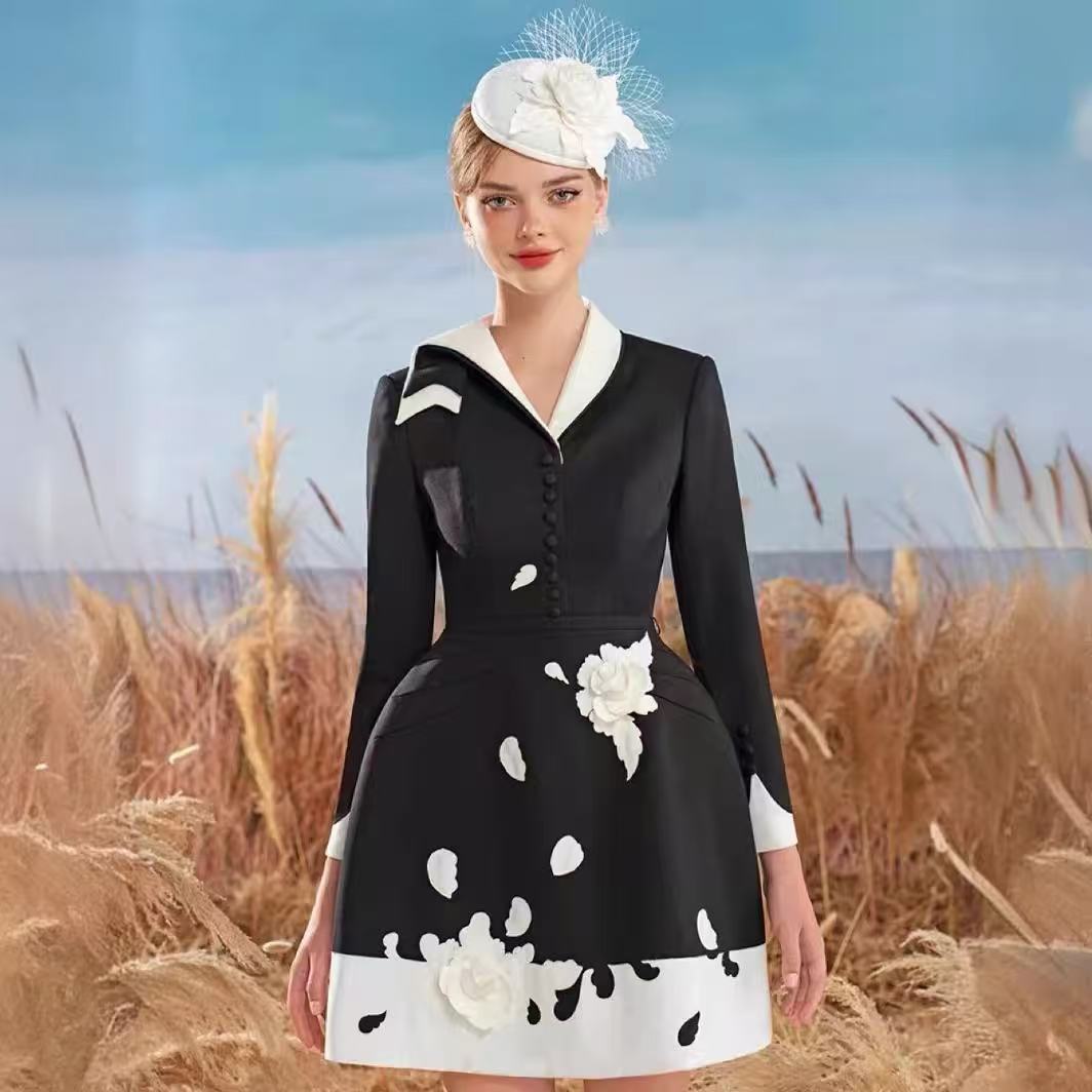 Embroidered applique a-line dress black and white color clash design asymmetric neckline dress sub