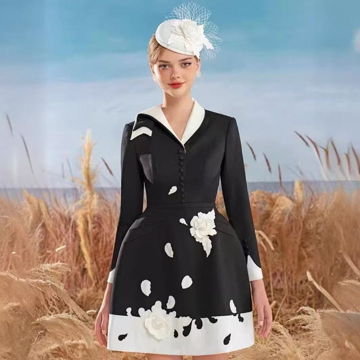 Embroidered applique a-line dress black and white color clash design asymmetric neckline dress sub