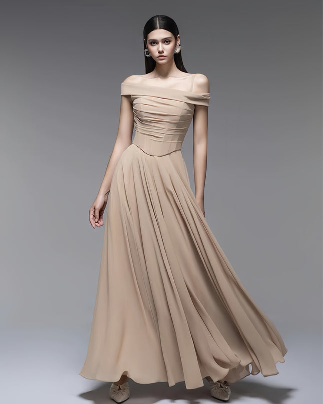 Ruched Off Shoulder Crepe Dress - Light Beige
