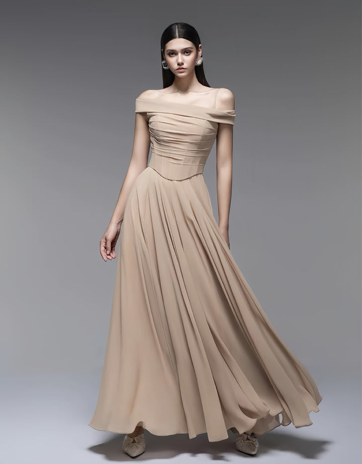 Ruched Off Shoulder Crepe Dress - Light Beige