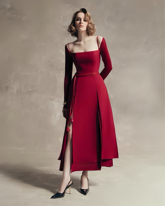 Off Shoulder Satin High Slit Dress - Red