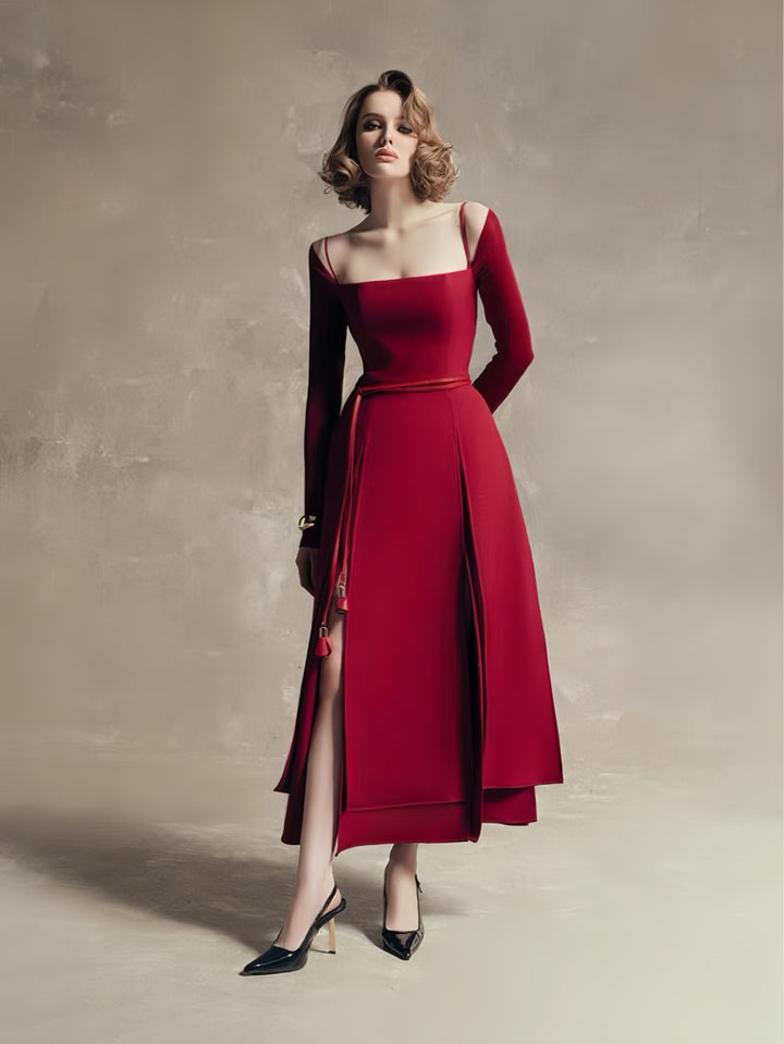 Off Shoulder Satin High Slit Dress - Red