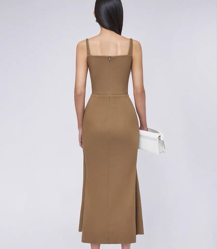 Off Shoulder Crepe Maxi Dress-Khaki