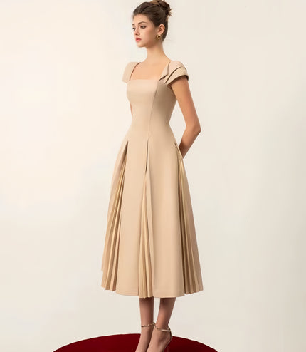 Cinched Crepe Pleated Dress - apricot
