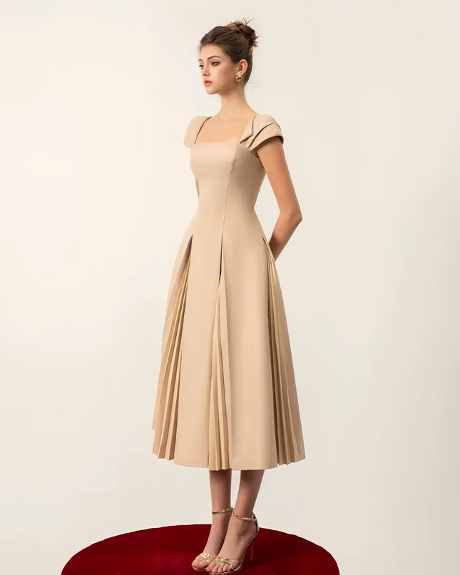 Cinched Crepe Pleated Dress - apricot
