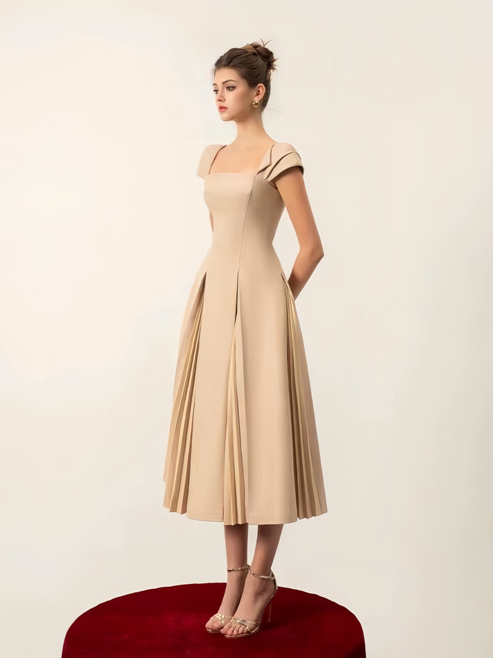 Cinched Crepe Pleated Dress - apricot