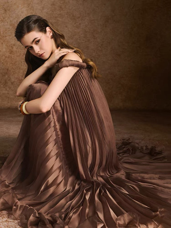 Vintage Elegant Dark Brown Pleated Dress