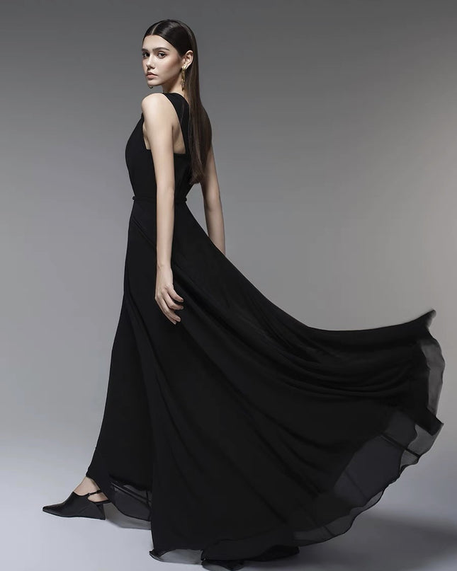Black Petal Crepe Maxi Dress with Butterfly Embroidery