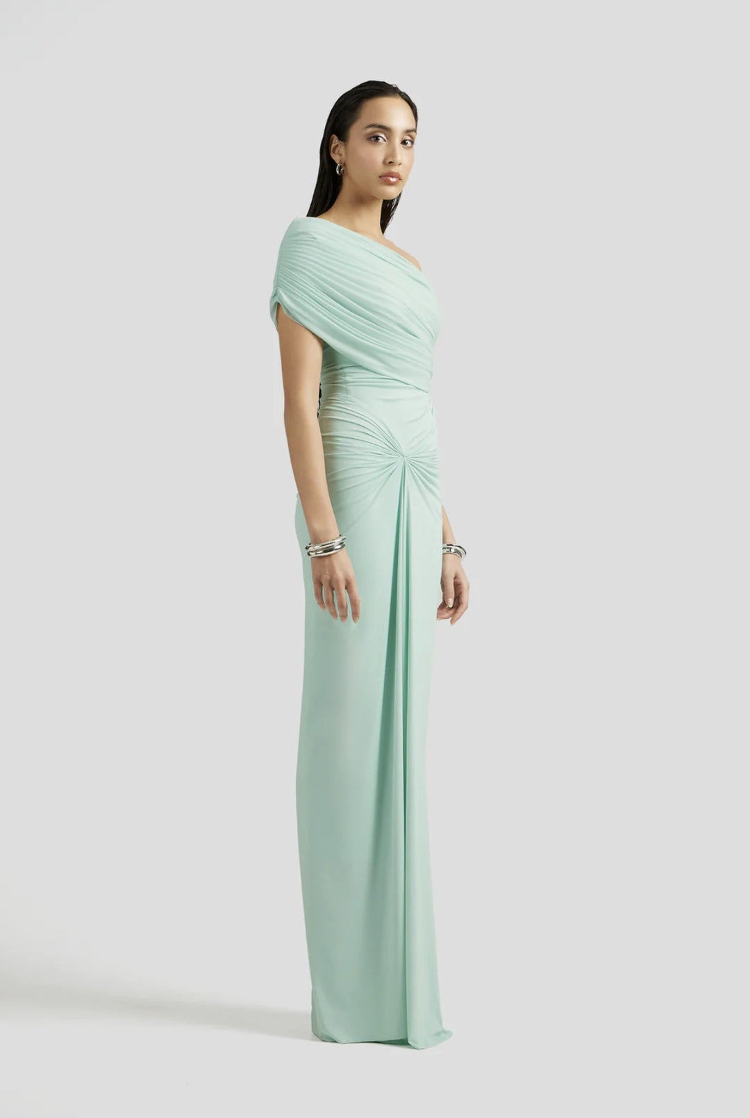 Green One-Shoulder Pleated Fitted Floor-Length Dress
