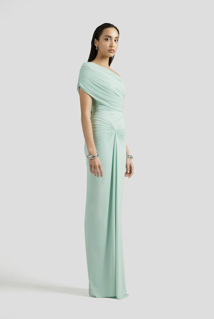 Green One-Shoulder Pleated Fitted Floor-Length Dress