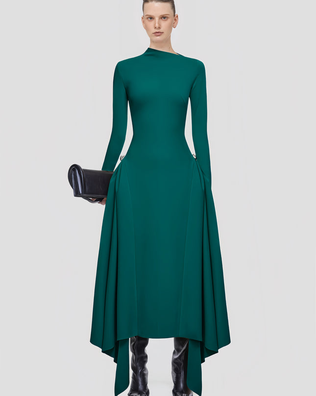 High-Waisted Asymmetrical Full-Sleeve Dress - Deep Green