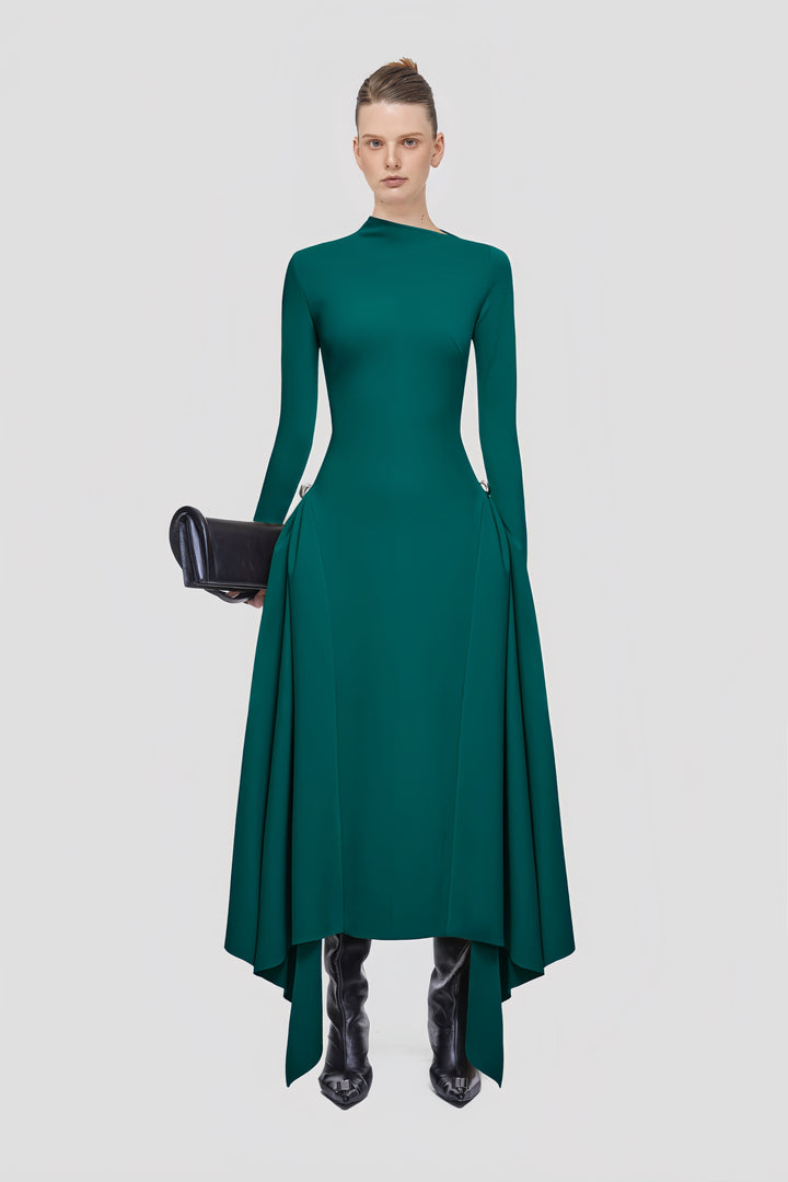 High-Waisted Asymmetrical Full-Sleeve Dress - Deep Green