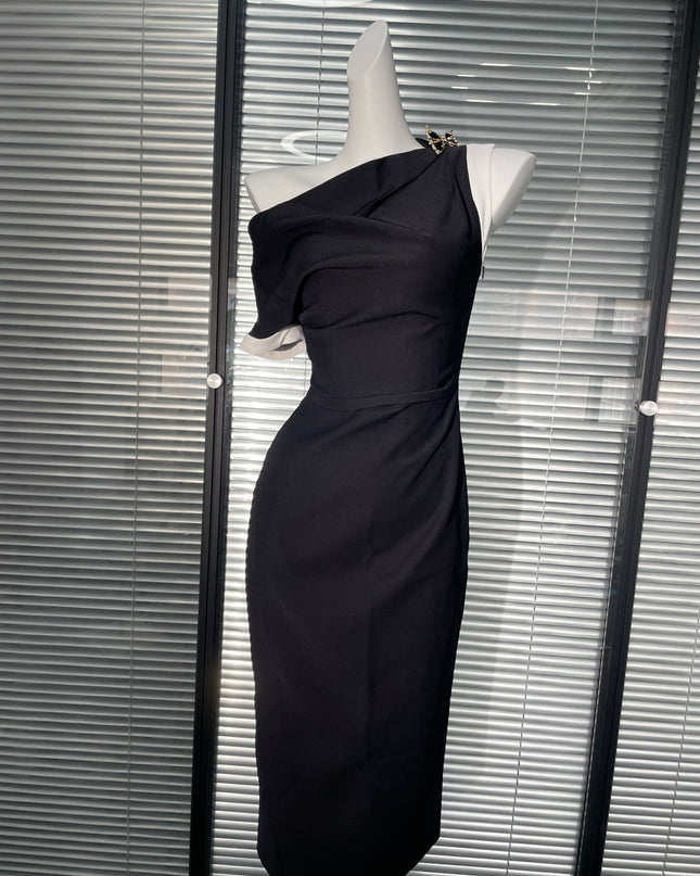 One Shoulder Crepe Maxi Dress - Black