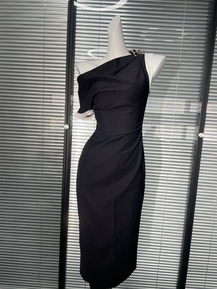 One Shoulder Crepe Maxi Dress - Black