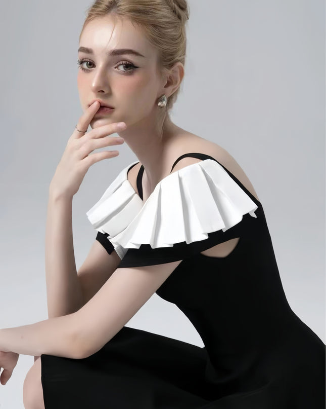 Off Shoulder Ruffled High-Waist Dress - Black