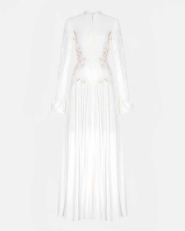 High-Neck Lace Pleated Dress - White