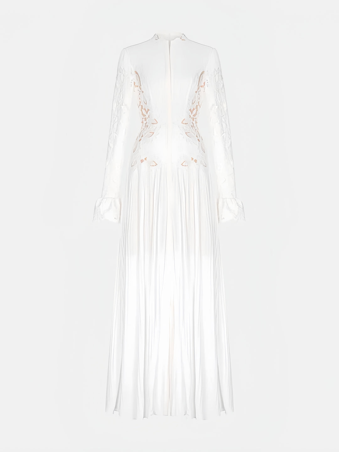 High-Neck Lace Pleated Dress - White