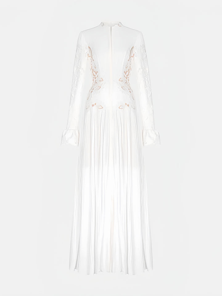 High-Neck Lace Pleated Dress - White