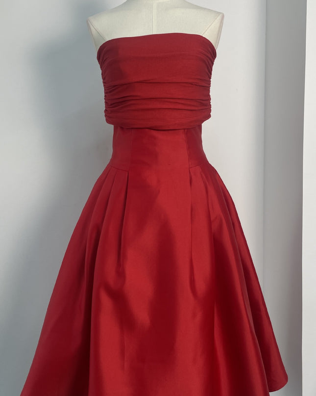 Satin Ruched Off Shoulder Dress - Red