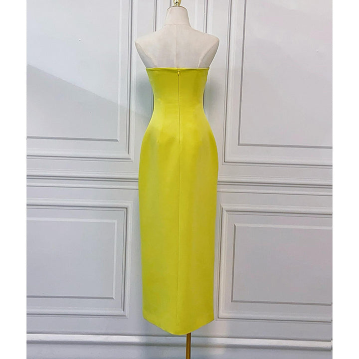 Lemon Yellow Strapless Evening Dress | French Luxury Side Slit Design