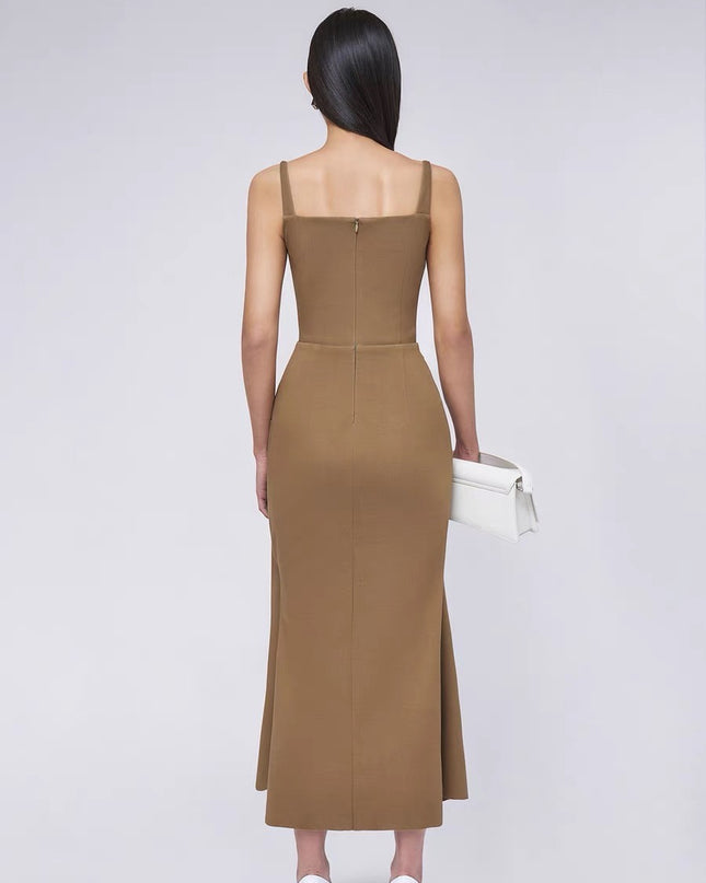 Off Shoulder Satin Fishtail Dress - Khaki