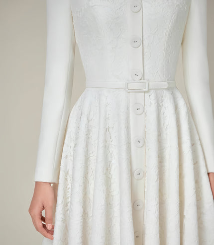 Formal Long-Sleeved Waist Dress - White
