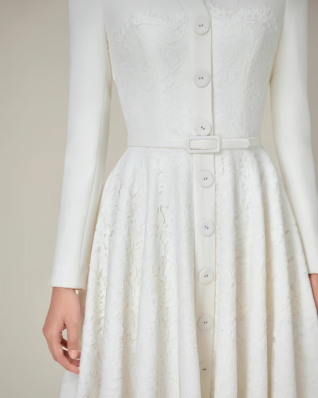 Formal Long-Sleeved Waist Dress - White