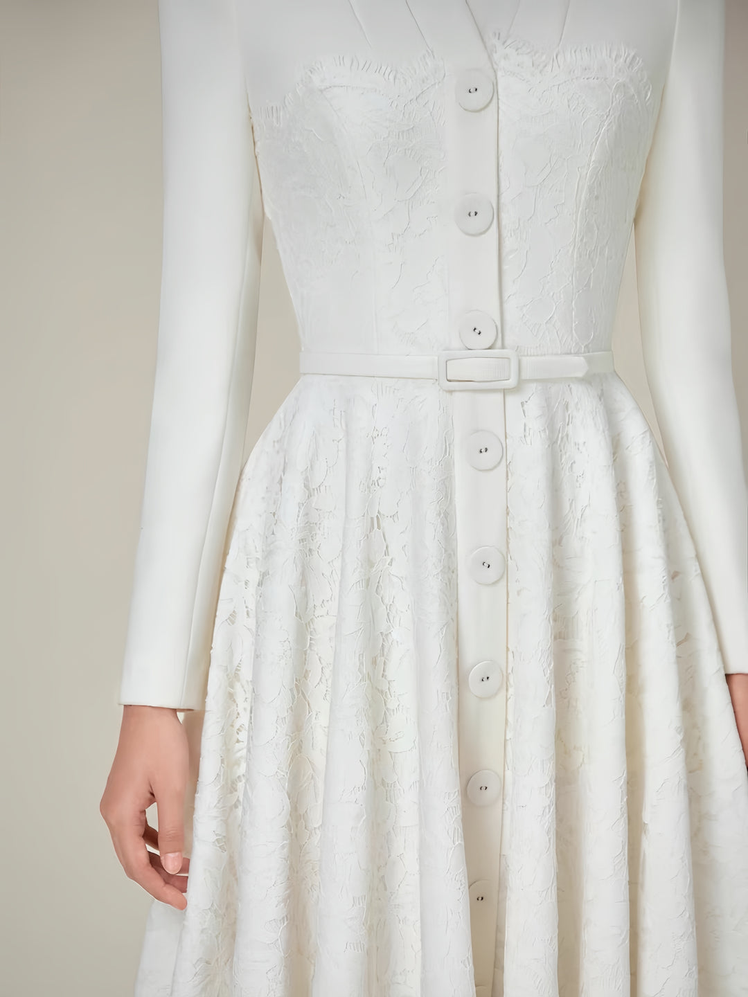Formal Long-Sleeved Waist Dress - White