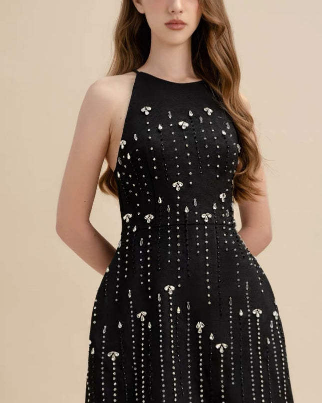 High Neck Starry Crepe Dress - Black