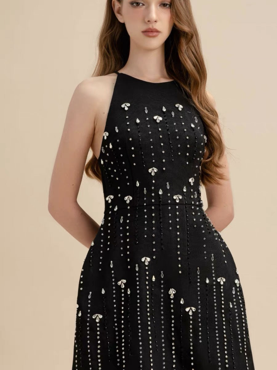 High Neck Starry Crepe Dress - Black