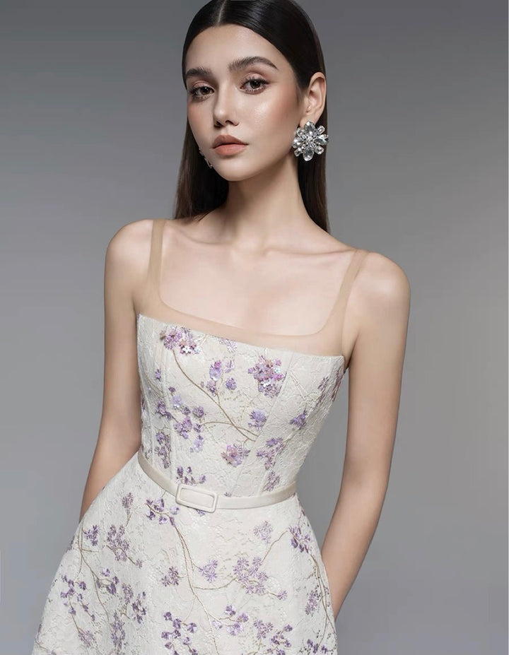 Off Shoulder Lace Flowy Dress - Lavender